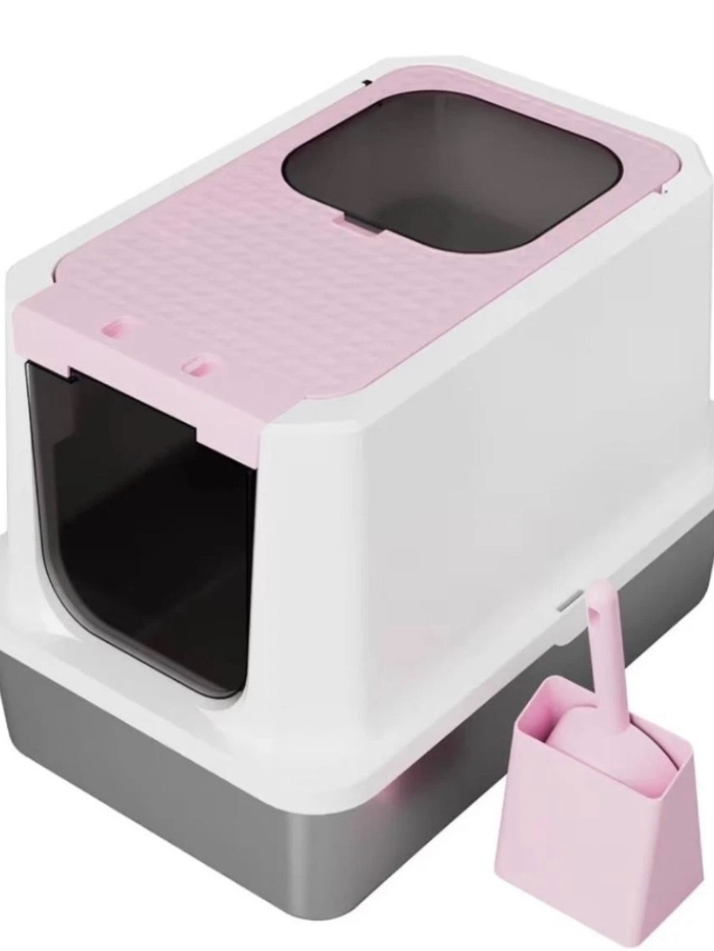 Covered Cat Litter Box with Scoop - Pink & White